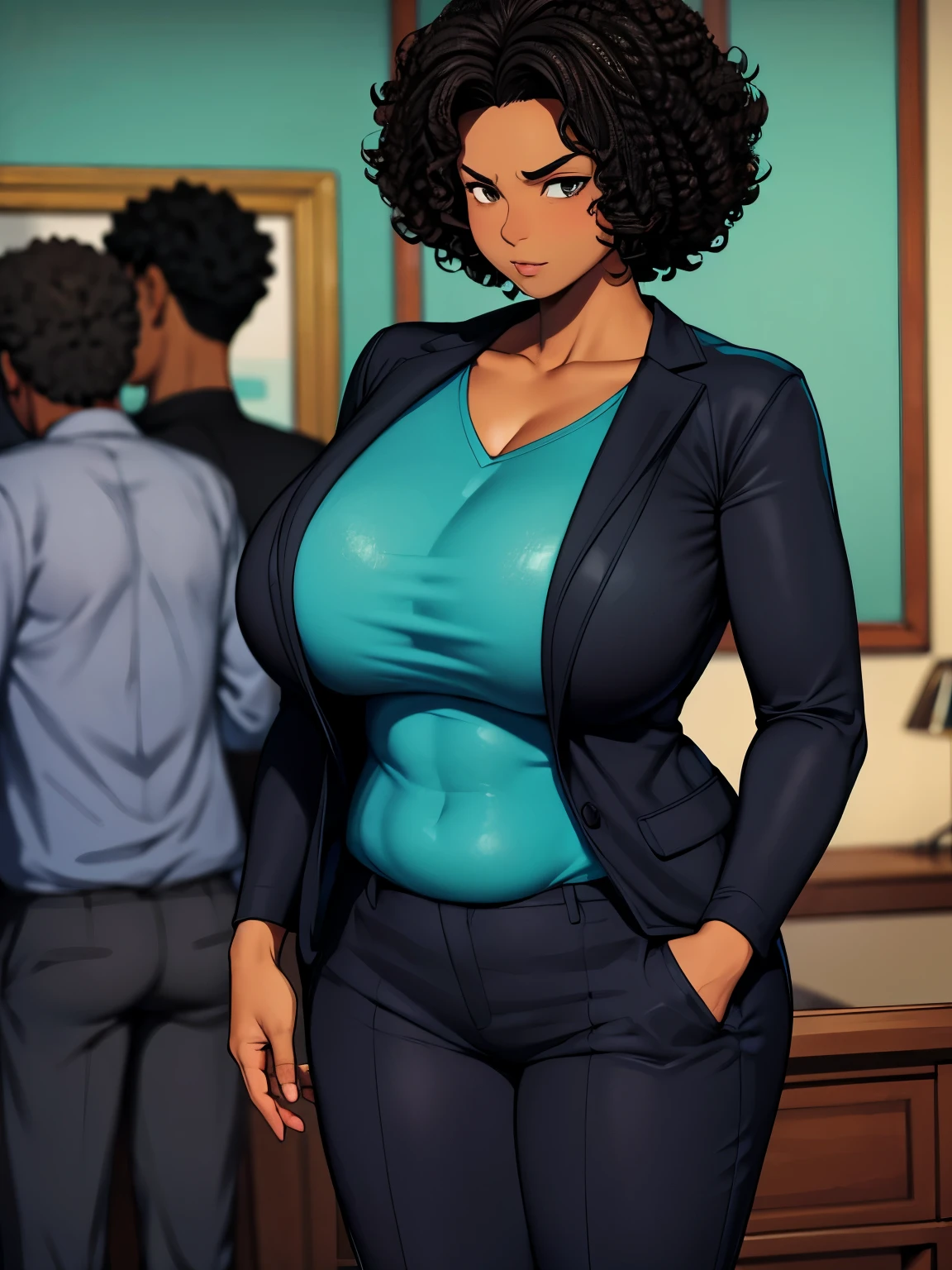 afro, curly black haired, african, negro, black tanned, brown skinned, serious looking, middle aged busty lady stands in room, she wears turquoise coloured suit jacket on a black shirt and turquoise trousers