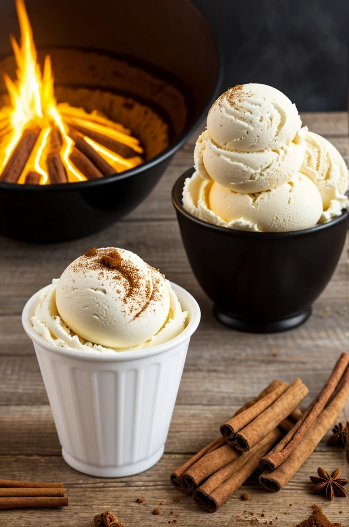 A pure white ice cream with cinnamon with a background of a burning volcano