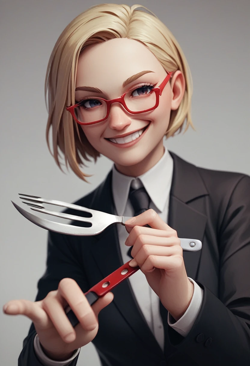 (avatar blonde woman alone smiling), (only the bust), (Black Suit), (Red glasses), (fork in one hand and knife in the other hand), (3d style image).
