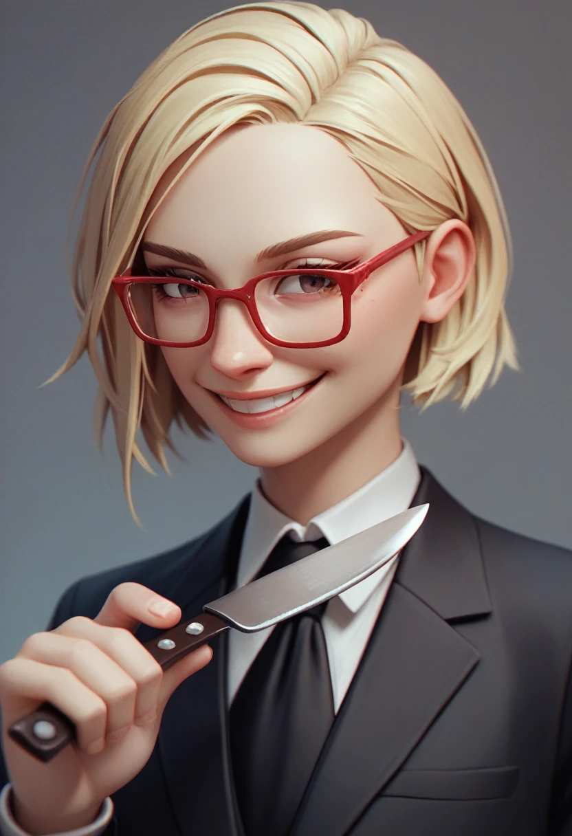 (avatar blonde woman alone smiling), (only the bust), (Black Suit), (Red glasses), (fork in one hand and knife in the other hand), (3d style image).