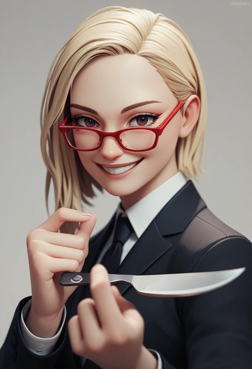 (avatar blonde woman alone smiling), (only the bust), (Black Suit), (Red glasses), (fork in one hand and knife in the other hand), (3d style image).