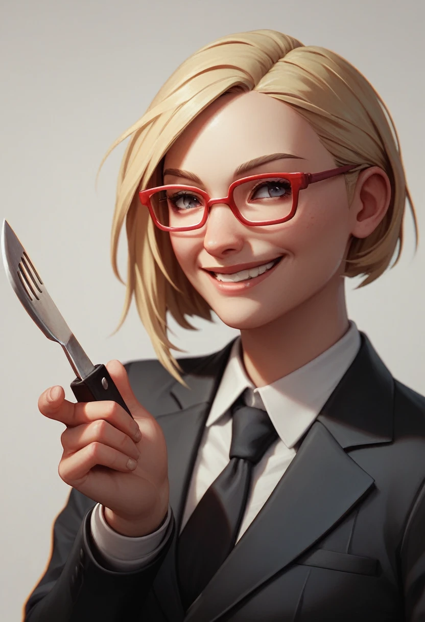 (avatar blonde woman alone smiling), (only the bust), (Black Suit), (Red glasses), (fork in one hand and knife in the other hand), (3d style image).
