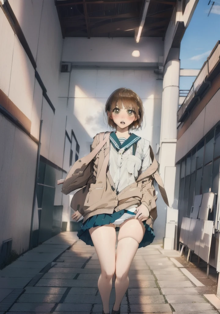 ８K, Highest quality, masterpiece, Ultra-detailed、pale chestnut hair、Pull up your skirt、high school girl、Japanese 、classroom、Pull up your skirt、Showing panties、黒いShowing panties、Blushing、