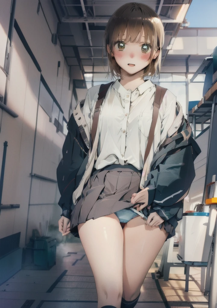 8K, Highest quality, masterpiece, Ultra-detailed、pale chestnut hair、Pull up your skirt、high school girl、Japanese 、classroom、Pull up your skirt、Showing panties、黒いShowing panties、Blushing、