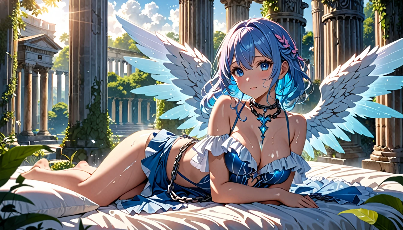 Create an ultra-high-definition (8K) image of a beautiful anime girl with pink and blue hair lying on a bed. She has large blue eyes, delicate facial features, and a soft, inviting expression. Her hair cascades around her, glistening as if wet. She wears a revealing, slightly wet white and blue outfit with frills, accentuating her voluptuous figure. Angel wings sprout from her back, adding a celestial aura. She's chained, with the chain looped around her neck, giving a sense of vulnerability. The setting is a sunlit, tranquil outdoor scene with lush greenery and ancient pillars in the background, creating a serene and slightly mysterious atmosphere. The image should be highly detailed, capturing the play of light and shadow on her skin, the intricate design of her outfit, and the texture of her wings. Aim for a realistic yet fantastical style, emphasizing both her beauty and the enchanting environment.