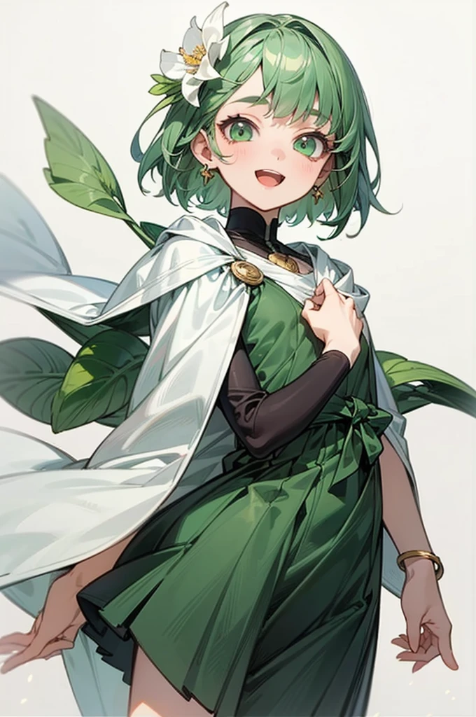 1girl, solo, looking at viewer, cowboy shot, standing, loli, smile, short hair, open mouth, bangs, hair ornament, (white background), jewelry, green eyes, flat chest, flower, earrings, (lime green hair), particles, hair flower, druid, knee length skirt, (Kurta), white cape, Cornus florida, (masterpiece), (best quality), (ultra-detailed), (illustration:1.2), (watercolor_painting:1.0), (highly detailed background:1.2), (thick outline), (perfect hands:1.4, two legs), composite lighting, professional shading, high quality textures, perfectly structured, natural proportions, extremely detailed beautiful anime face,