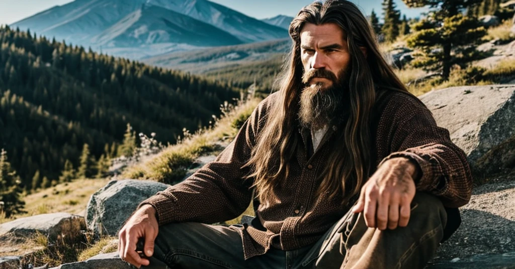 A mountain man from vellage werring old clothes long hair black