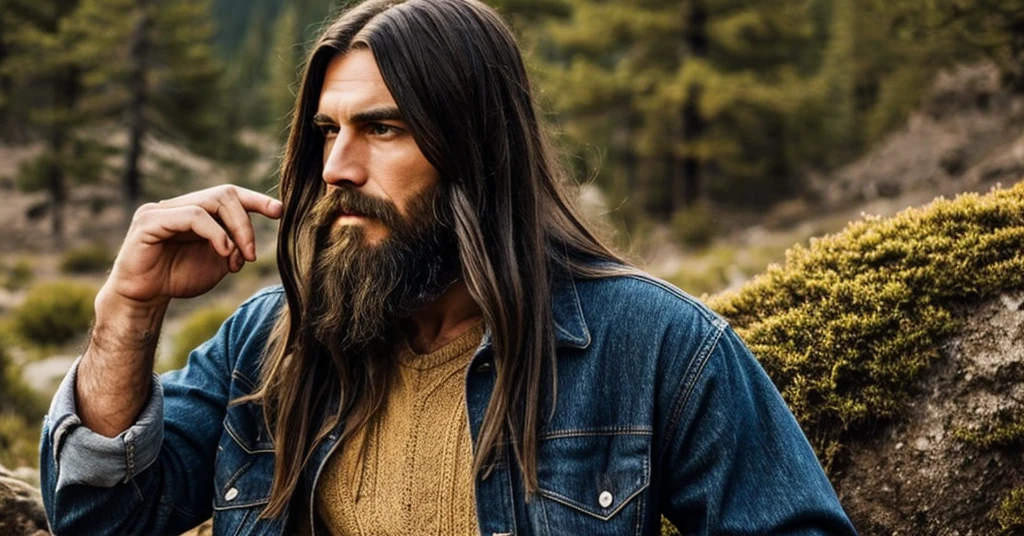 A mountain man from vellage werring old clothes long hair black