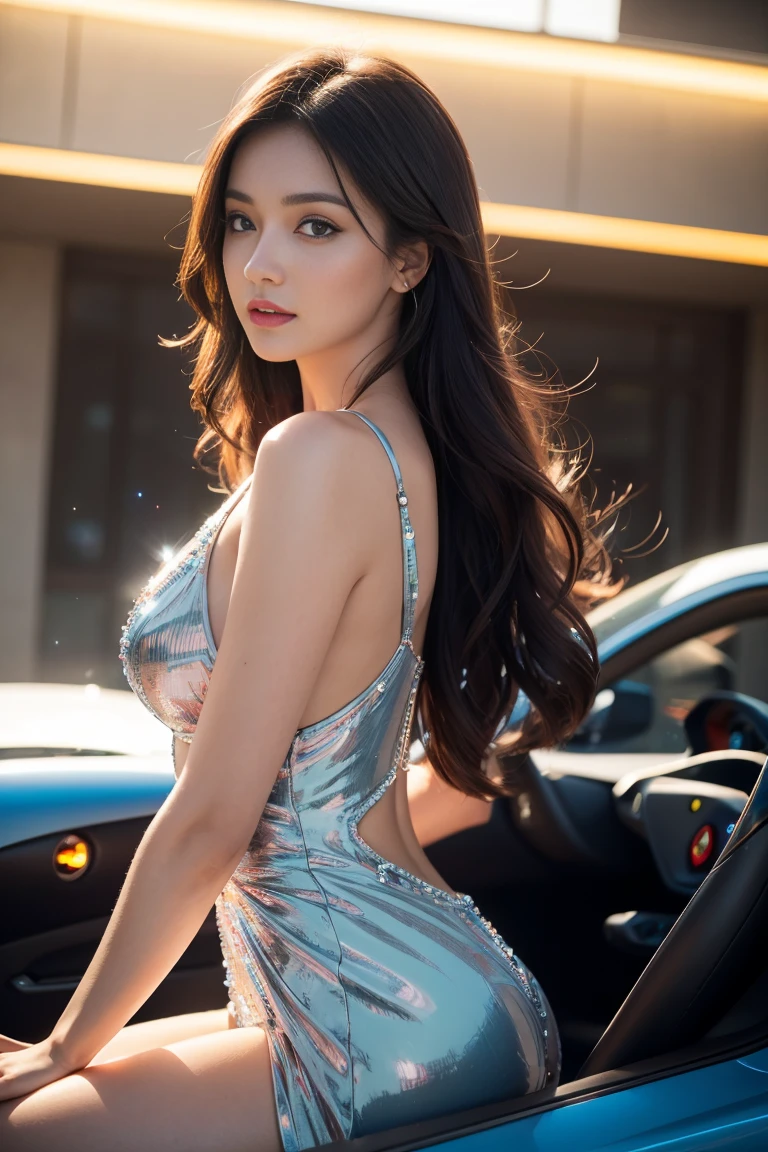 Crystal Rose, whimsical, galactic, pure, brilliant, sparkling brilliance, Gorgeous, colorful, Stunning photography, spectacular lighting, photorealism, overdetalization, 4K, depth of field, high resolution, she is fantastic in her Ferrari, she uses her beautiful appearance