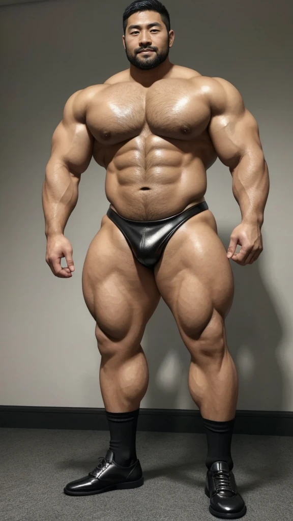 There is only one handsome Asian actor in the picture,35 years old,Tall and handsome, Toned body,short hair, O-Shaped Beard,Perfect body, Dark skin,Glowing skin,Smooth skin,The body is hairless,Muscle bulge, Muscular, Very large pectoral muscles,Very sexy abdominal muscles,Very well-developed leg muscles,Huge concave and convex area,Brightens oily skin,Wearing black leather shiny thong,Handsome face, Correct and accurate male body proportions, Wear black leather short socks,Standing in front of gray background wall。