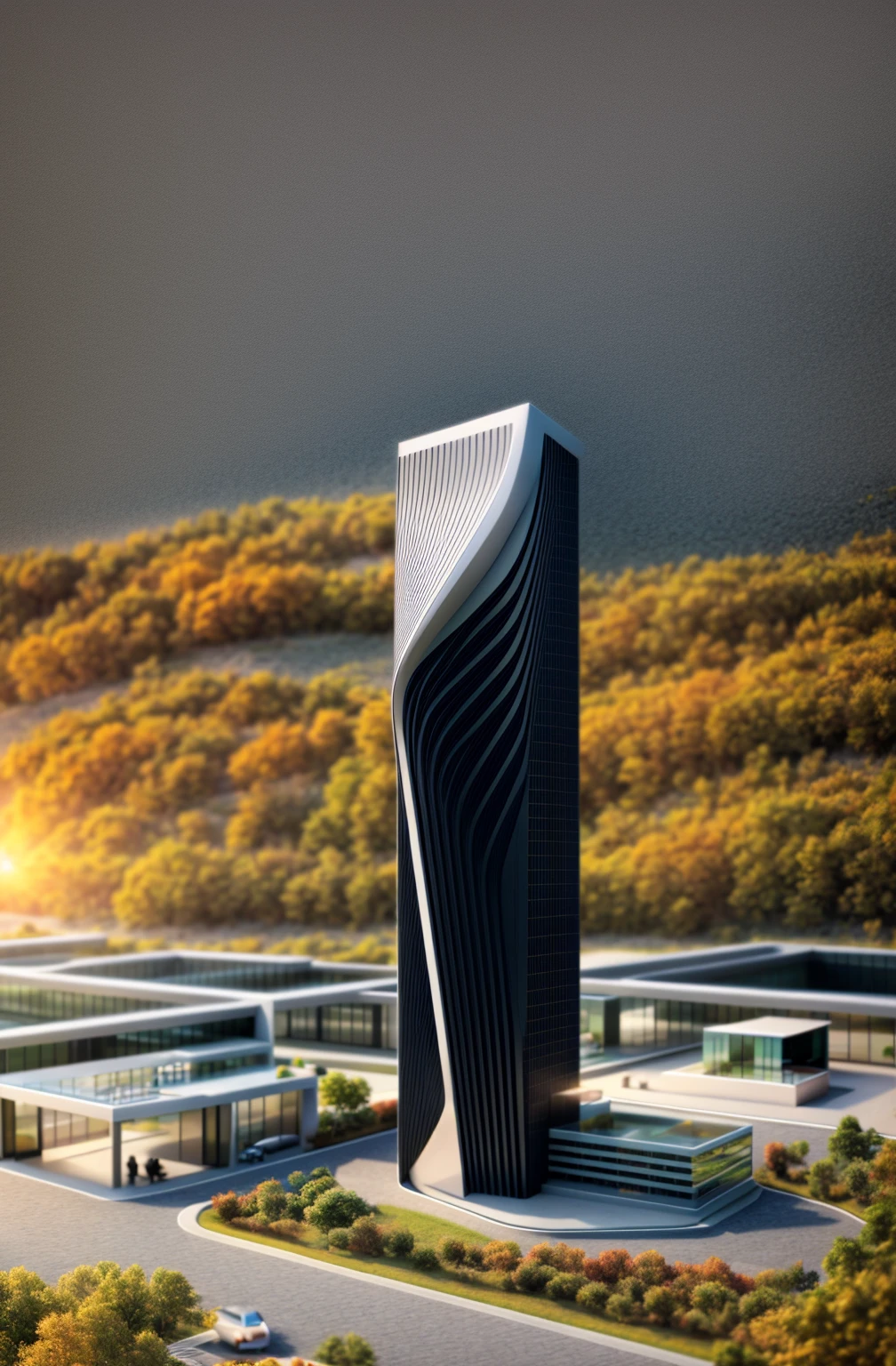 (head of'artwork, best quality:1.2), rendering of a modern Office building ,hotel, Office building ,urban landscape, white wall, fenêtre en verre noir
