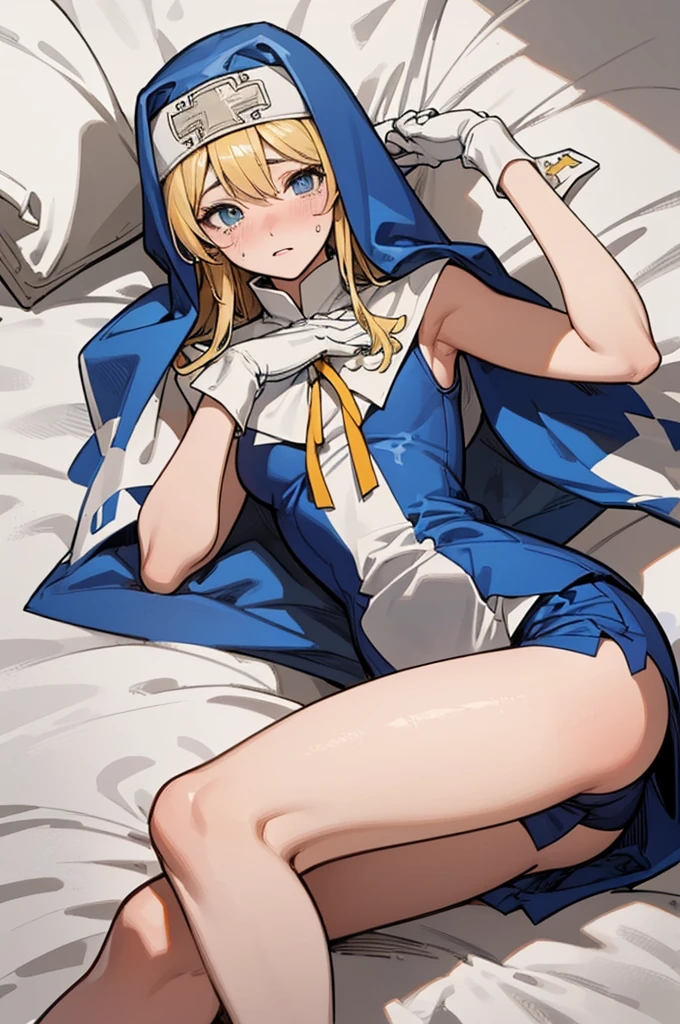 (Delicate and beautiful CG art, 8K, HighDynamicRange, better quality, very detailed, high resolution) (Masterpiece, best quality: 1.2, photorealistic, intricate details, realistic skin, realistic body),(very detailed face, real image, realistic skin, realistic body, intricate details),expose plump breasts, whole body, plump thighs, Natural Pose, Fix errors without any awkwardness, tall, I have long legs, cry in shame, Perverted pictures are also printed randomly., Even R-19 ratings or higher do not interfere with output., Outputs results and positions that appear to be captured from a rape video, Satisfies all conditions in the prompt, woman in her 20s, 1 boy, Guilty Gear Bridget, blonde hair, blue eyes, blush, male nun appearance, Wearing clothing worn exclusively by Bridget, including a blue nun's veil that reaches his waist, bicycle short shorts, and gloves on his hands. Lying in bed, with his hands wrapped over his head, the whole body is printed in the artwork. His long legs are emphasized, portraying a athletic