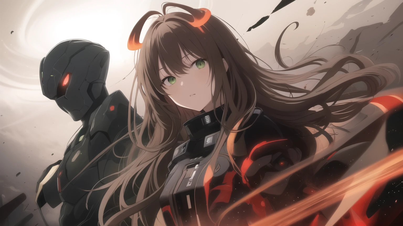 best quality, masterpiece, mizuguchi_miki, light brown hair, long hair, black halo, green eyes, looking at viewer, black hole, background dark space, ominous red and black energy, dead robots, floating