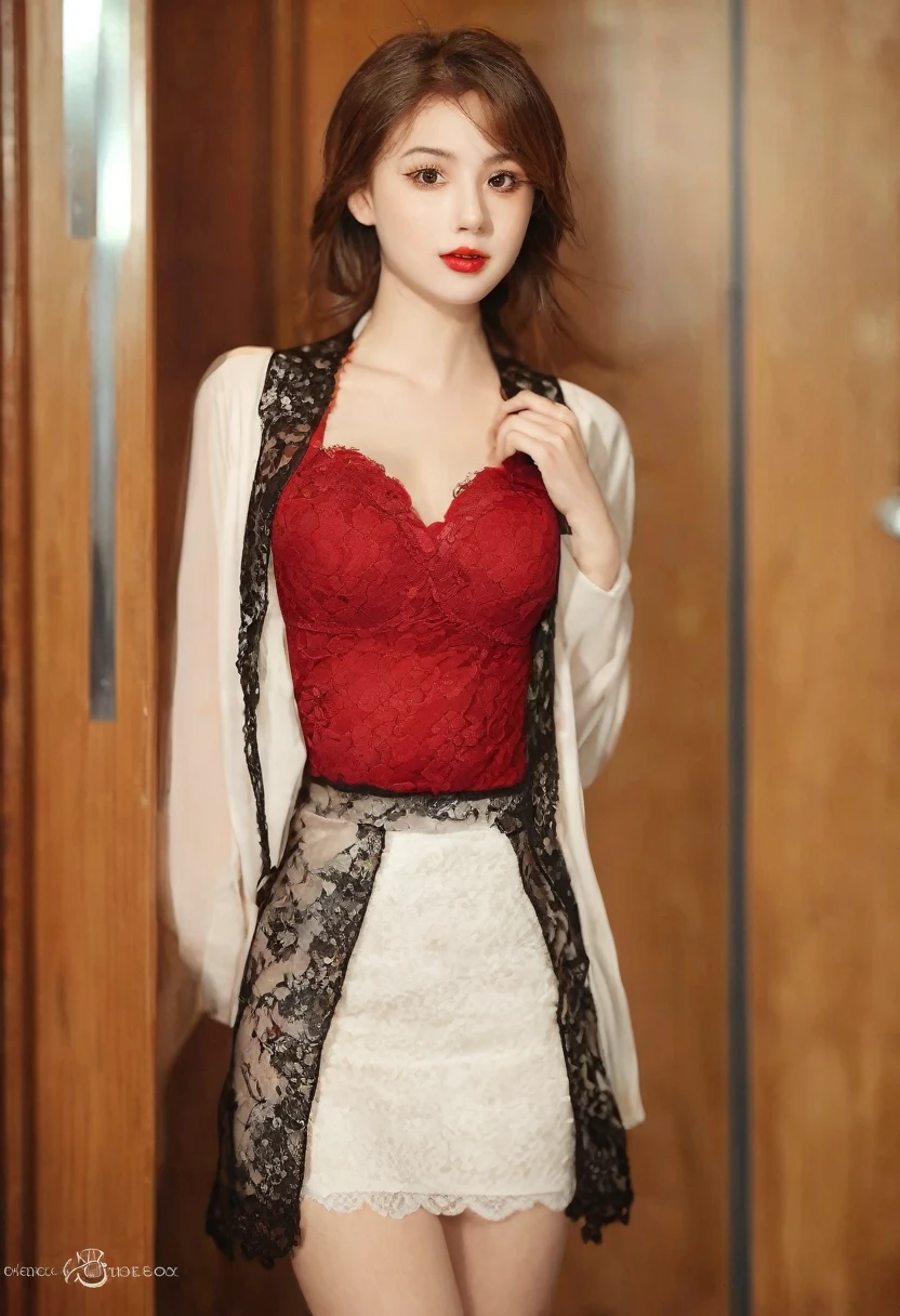 Gorgeus Girl, Beautiful, Baby Face, 20 Years Old, White Skin, red lips, brown hair, Sexy Pose, Brown Eye, Bokeh, In front of the office door Background, Masterpiece, Fullbody Shot, black business suits with miniskirt, open red lace bra, White Loose Halfway Dres