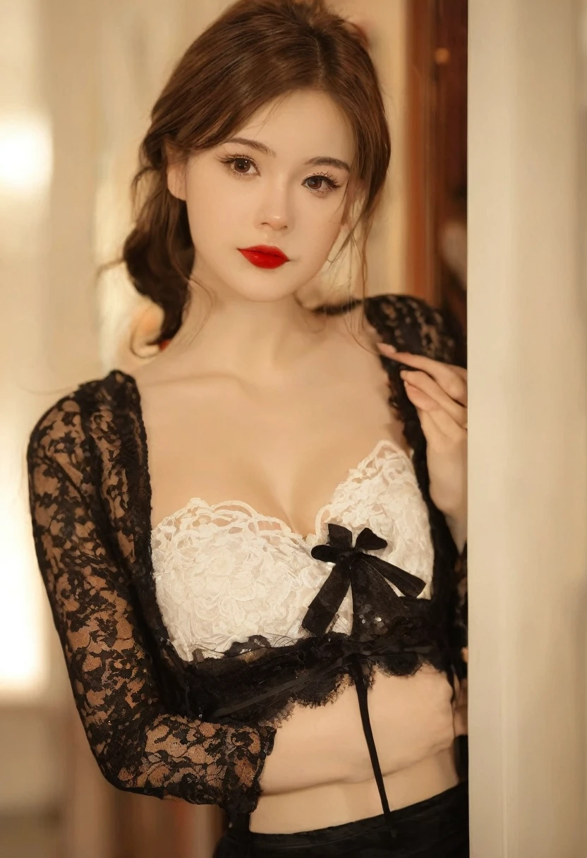 Gorgeus Girl, Beautiful, , 20 Years Old, White Skin, red lips, brown hair, Sexy Pose, Brown Eye, Bokeh, In front of the office door Background, Masterpiece, Fullbody Shot, black business suits with miniskirt, open red lace bra, White Loose Halfway Dres