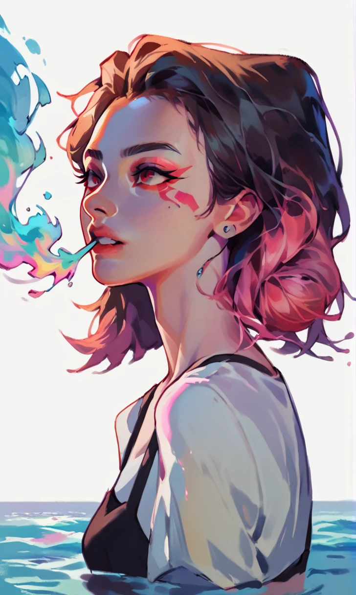 score_9, score_8_up, score_7_up, score_6_up, score_5_up, score_4_up, did vaporwave style, solo, 1girl, female, water, white background, red eyes, simple background, from side, glitching, smoke, in tatters,
