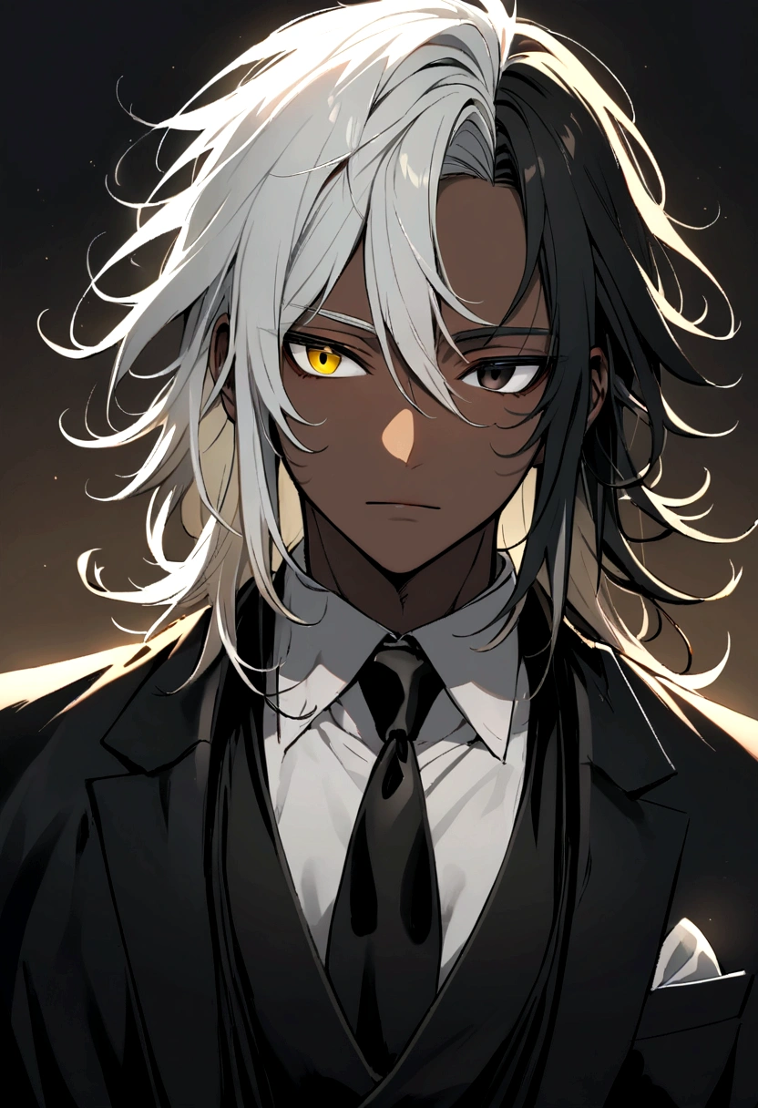 In black formal wear with a tie, yellow and black eyes heterochromia , Calm expression, Messy hair , Medium length hair , masculine , multicolored black and white hair , two tone hair , dark skin color,