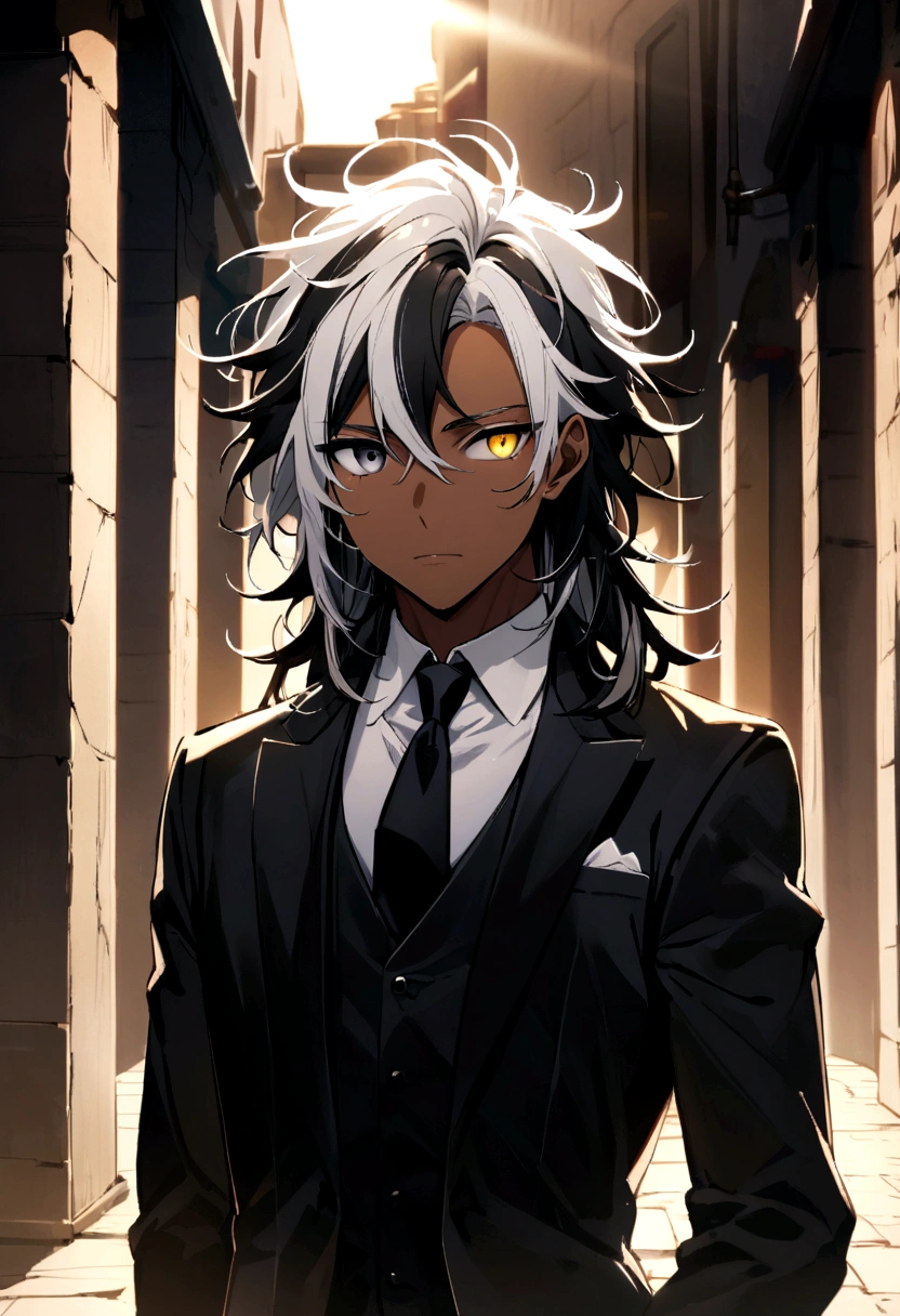 In black formal wear with a tie, yellow and black eyes heterochromia , Calm expression, Messy hair , Medium length hair , masculine , multicolored black and white hair , two tone hair , dark skin color,