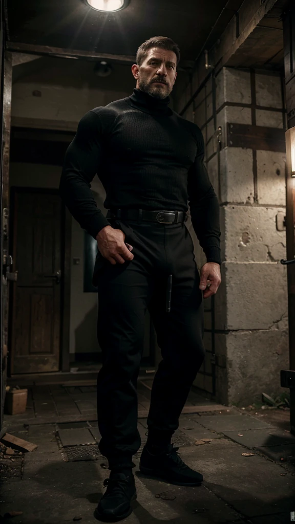 old countryside village in the background, old Chris Redfield from Resident Evil 8, 48 year old, muscular male, tall and hunk, biceps, abs, hairy chest, all black cold turtleneck, long sleeves, black trousers, suspenders, earpiece, belt, thick beard, cracking the hand's knuckles, cold face, no pants and shoes, hairy legs, 44 number feet, wearing black suit socks, full body shot, sport skinny short, very huge bulge, video games style, high resolution:1.2, best quality, masterpiece, dark nightime, dark atmosphere, shadow, upper body shot focus on black socks, no pants allowed, no shoes alloed