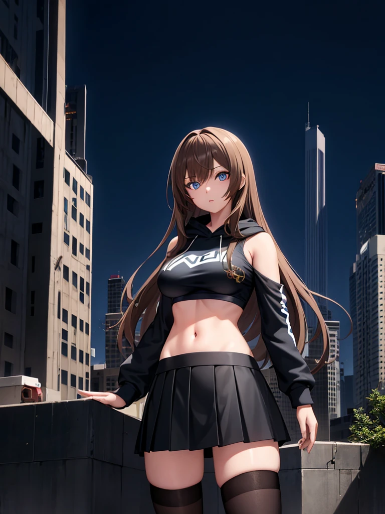 one girl, Brown-haired, Blue-eyed, fair-skinned and beautiful girl, Wearing hoodie, wear a skirt, big breast, the rooftop background of the Abandoned building, height of the girl 160 Cm, Anime face, high detailed, detailed eye.