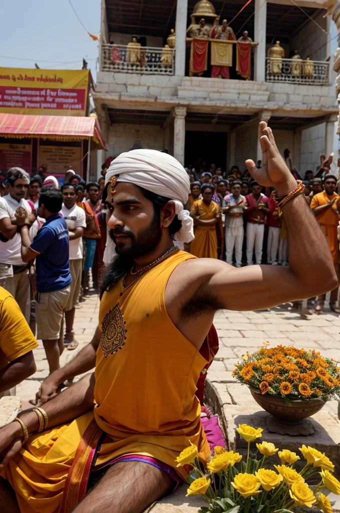 Generate a three-dimensional depiction portraying Lord Shree Ram returning to Ayodhya, adorned with a bow and arrow on his back. Enthusiastic crowds greet him with flowers, seeking blessings. In the foreground, a young teenager named "Harish" sits, clad in a saffron T-shirt, hands joined in prayer. Bold white letters on his back spell Sahil" and the newly constructed Ram's Temple stands proudly in the background