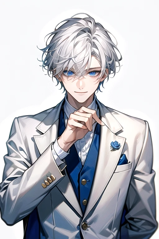 ((Masterpiece)), Best Quality, Ultra Detailed, Floating, High Resolution, (1 boy), short hair, white hair, blue eyes, smile facial, white shirt, white blazer
