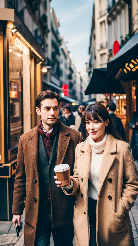 Generate an ultra realistic shot of one 25 years old girl and one 30 years old boy, both have drinking papercup coffee in their hands and walking in crowded street in paris, professional photography, cinematic shot