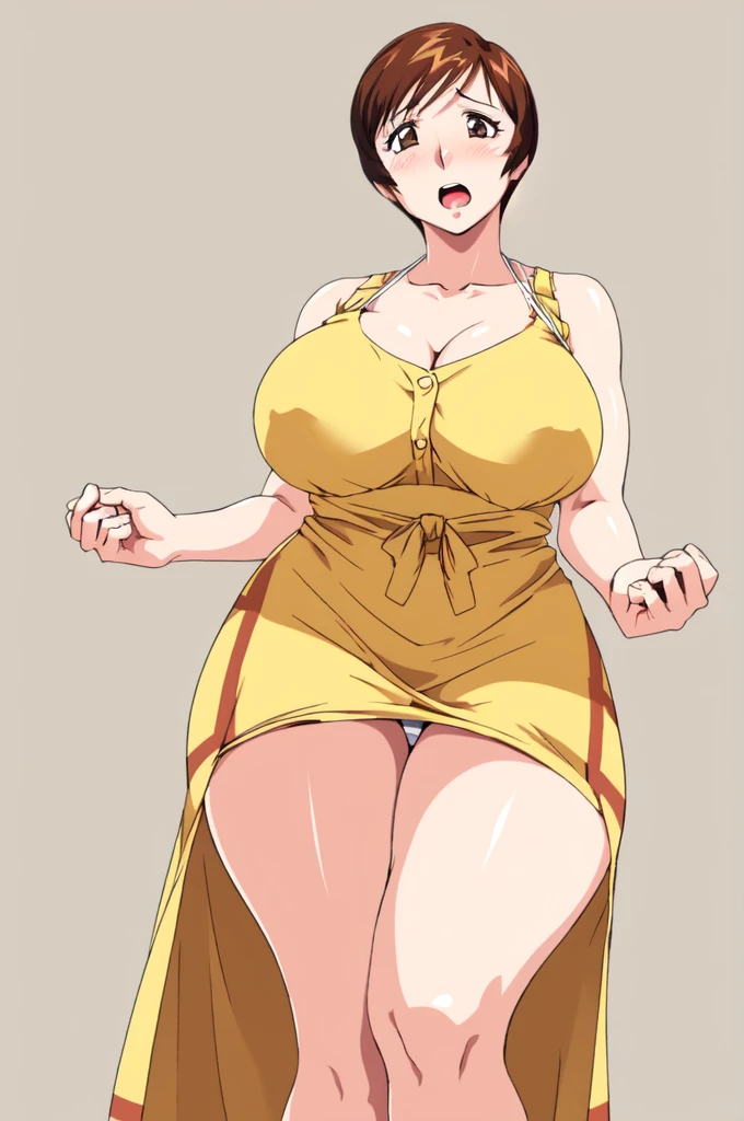 masterpiece, highest quality, High resolution, One girl, sexual intercourse, Pornographic images, short hair, etsukoto, brown Eyes, fine grain, fine grain, (((Thick thighs, Plump thighs, Voluptuous thighs, Thighs alone are enough))), Huge and ample breasts, Cleavage, big long breasts, Naughty big,((big breasts are important))、((Naughty thighs)), L Cup, (thin:1.4),(Tight waist:1.4), (yellow dress:1.4), ((white waist apron)), white panties, anguish, open mouth, blush, (((Simple Background))), ((Wide Hips)), Shiny, Oily skin, Mature mother, Calf, Seductive mature woman, Perfect body, Plus Size Model, curvy, ample, etsukoto, blush, clavicle, retro artstyle, 1990s (style), (thick thighs:1.4), bursting thigh, ((pov)), (((panty shot))), from below, looking down,