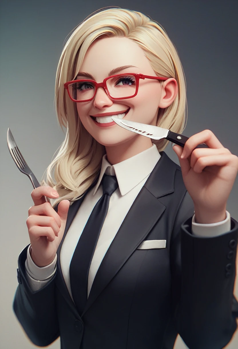 (alone blonde woman smiling), (only the bust), (Black Suit), (Red glasses), (fork in one hand and knife in the other hand), (3d style image).