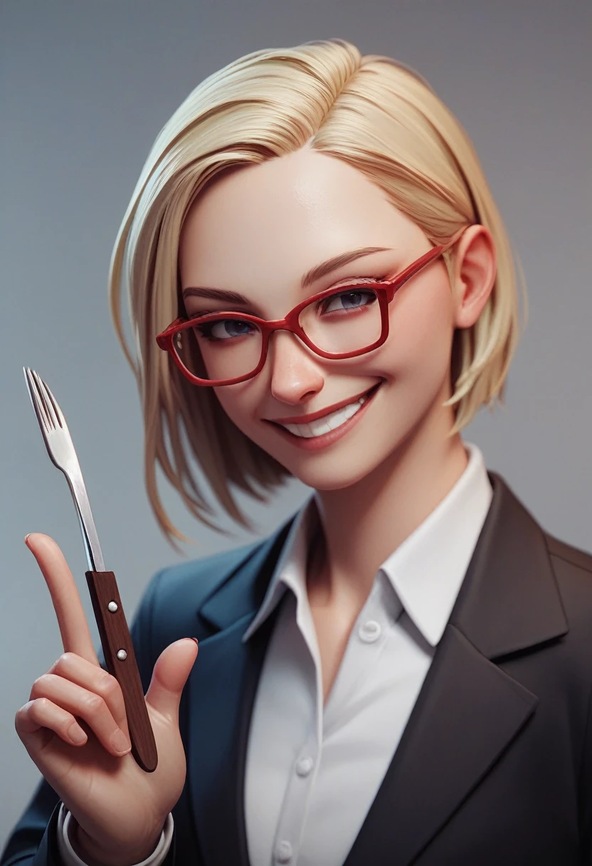 (alone blonde woman smiling), (only the bust), (Black Suit), (Red glasses), (fork in one hand and knife in the other hand), (3d style image).