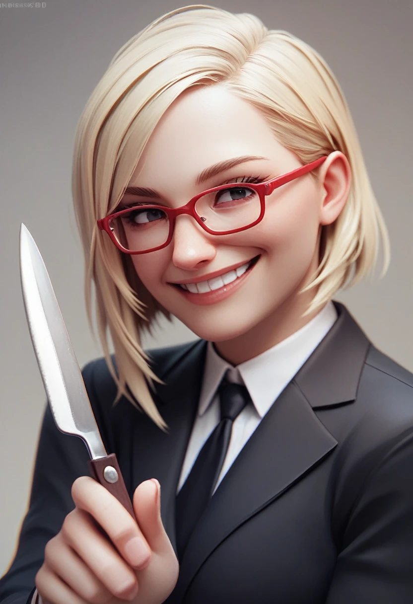(alone blonde woman smiling), (only the bust), (Black Suit), (Red glasses), (fork in one hand and knife in the other hand), (3d style image).
