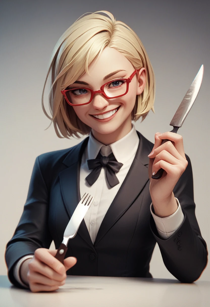 (alone blonde woman smiling), (only the bust), (Black Suit), (Red glasses), (fork in one hand and knife in the other hand), (3d style image).