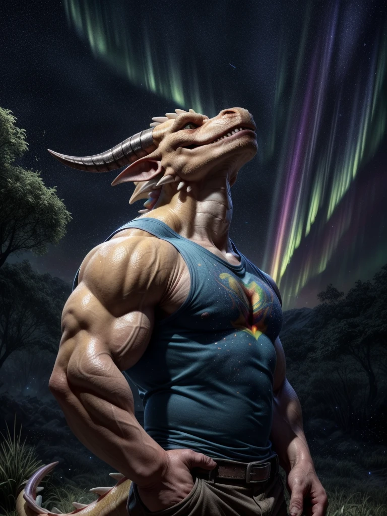 solo, male, mature male, (male anthro dragon:1.3), (yellow body:1.1), (standing:1.3), (bara:1.2), (starry sky:1.23), t-shirt, (clothed), (looking up:1.4), (raised head), (side view), galaxy, aurora, (rainbow:1.3), detailed eyes, portrait, dragon tail, horn, (detailed eyes), (outside:1.35), grass, hill, shooting star, (dark:1.4), (particles ,firefly, blue glowing:1.3), detailed background, 8k hd, (dark shadows, wide dynamic range, hdr, low light:1.2), by Pino Daeni, barazoku, [by dagasi, by zixiong], cygames, by null-ghost