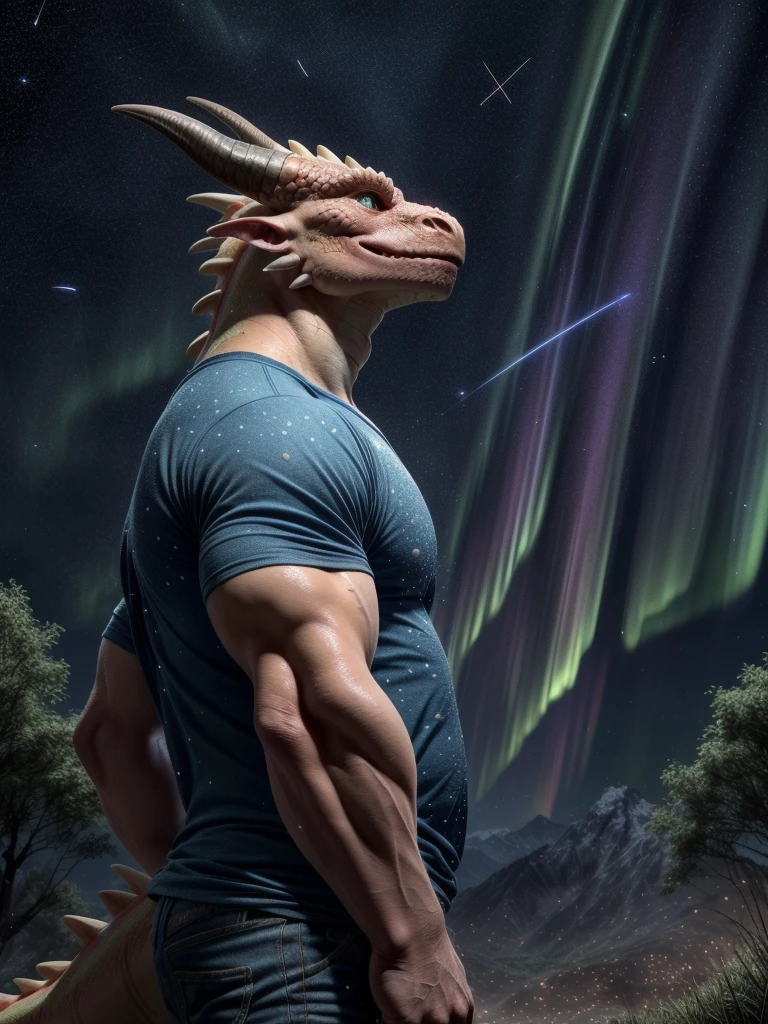 solo, male, mature male, (male anthro dragon:1.3), (yellow body:1.1), (standing:1.3), (bara:1.2), (starry sky:1.23), t-shirt, (clothed), (looking up:1.4), (raised head), (side view), galaxy, aurora, (rainbow:1.3), detailed eyes, portrait, dragon tail, horn, (detailed eyes), (outside:1.35), grass, hill, shooting star, (dark:1.4), (particles ,firefly, blue glowing:1.3), detailed background, 8k hd, (dark shadows, wide dynamic range, hdr, low light:1.2), by Pino Daeni, barazoku, [by dagasi, by zixiong], cygames, by null-ghost