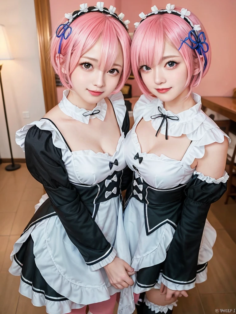 Accurate depiction with high resolution,(8K, Photorealistic, Raw photo, of the highest quality: 1.3), (1girl in), Super beautiful, (Realistic face), (boyish, pink Color Berry Shorthair), Beautiful , Glare that captivates the viewer, Beautiful expression, Beautiful breasts, (Realistic skin), Be...Create a detailed and colorful image of Ram and Rem from Re:Zero, standing back-to-back in their maid outfits, with a magical fantasy background、14years old, two girls,cute, perfect face, beautiful, nice body, gothic lolita clothes, gothic lolita fashion, frilly skirt, headdress, necklace, bracelet, knee-high socks, boots, double eyelids, tear bags, Detailed down to the fingers, photo-like description, indoors, dim indoor lighting, one girl is pink hair and short bob, another girl is light blue hair and short bob,standing,whole body, composition that shows the whole body, smiling,The Both of them are wearing the same type of maid outfit,Optimal ratio of 4 fingers and 1 thumb,walking