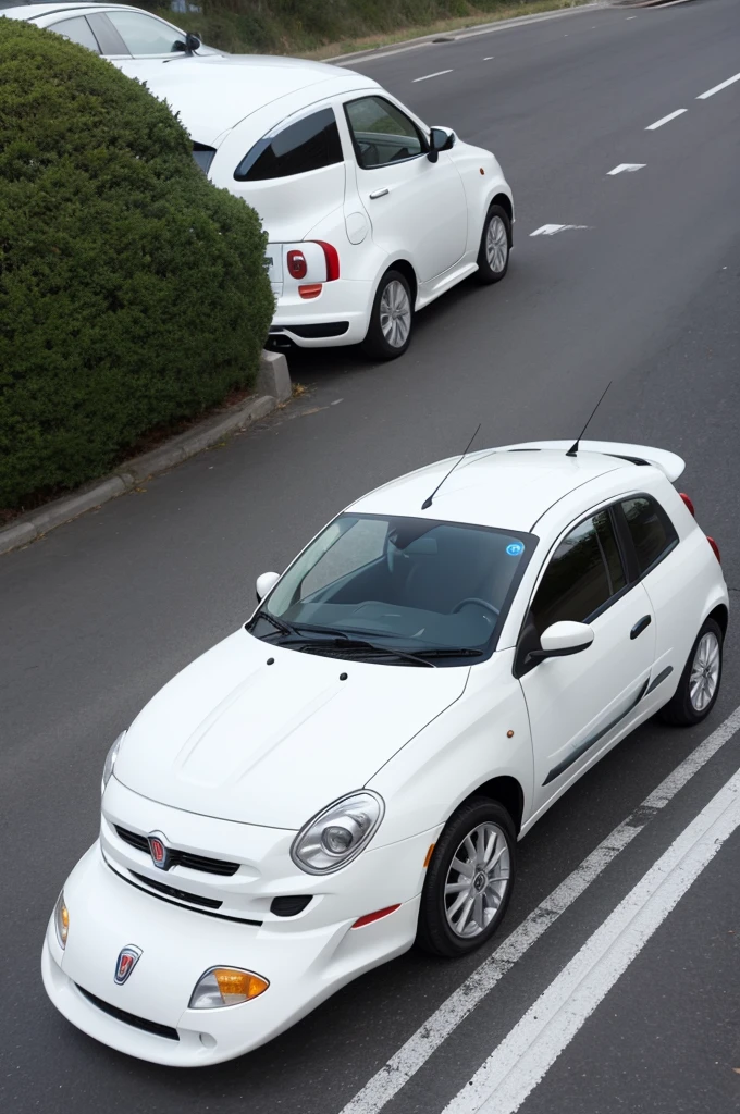photo of a white 30L surfboard on the body of a fiat touro