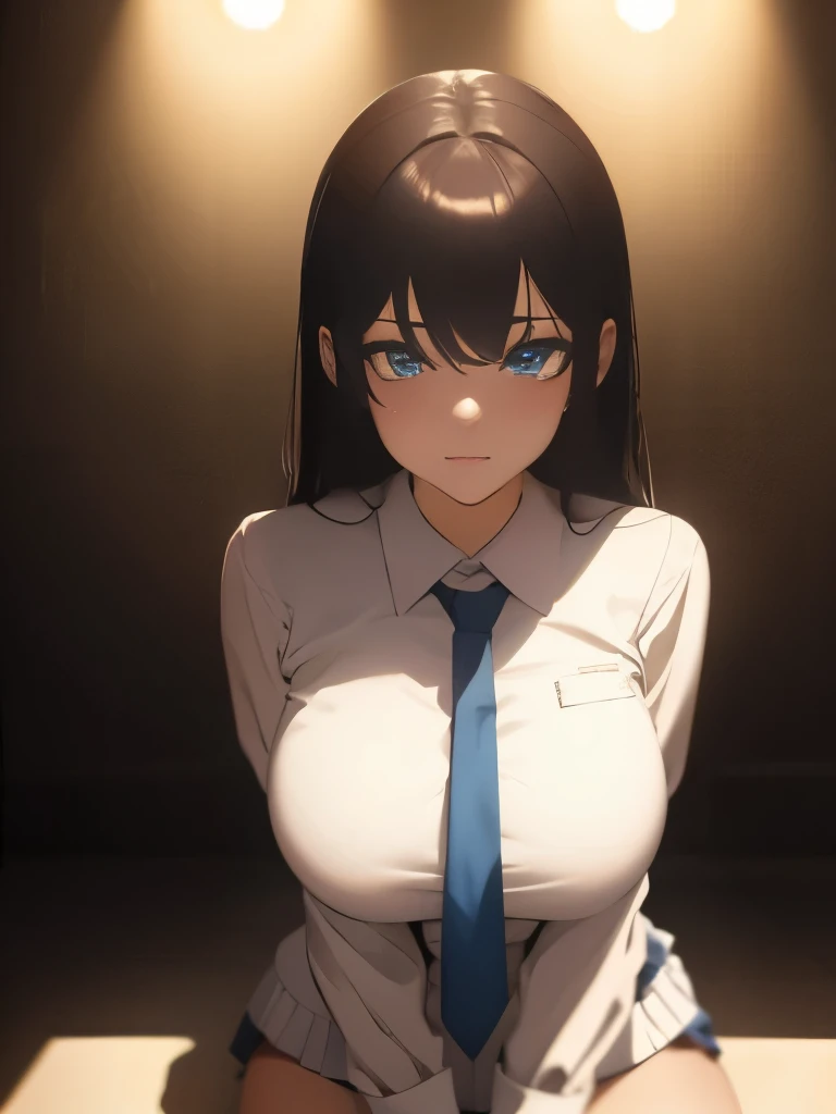 (1girl:1.3), Masterpiece, Best quality, amazing beauty, 4K, absurdres, finely detail, super detailed eye, perfect anatomy, official art, cinematic lighting, BREAK, Club, two side up, black hair, super shiny detailed blue eyes, shy face, BREAK , huge breasts, corpulent, porcelain skin, , BREAK , (school uniform:1.2), BREAK,()