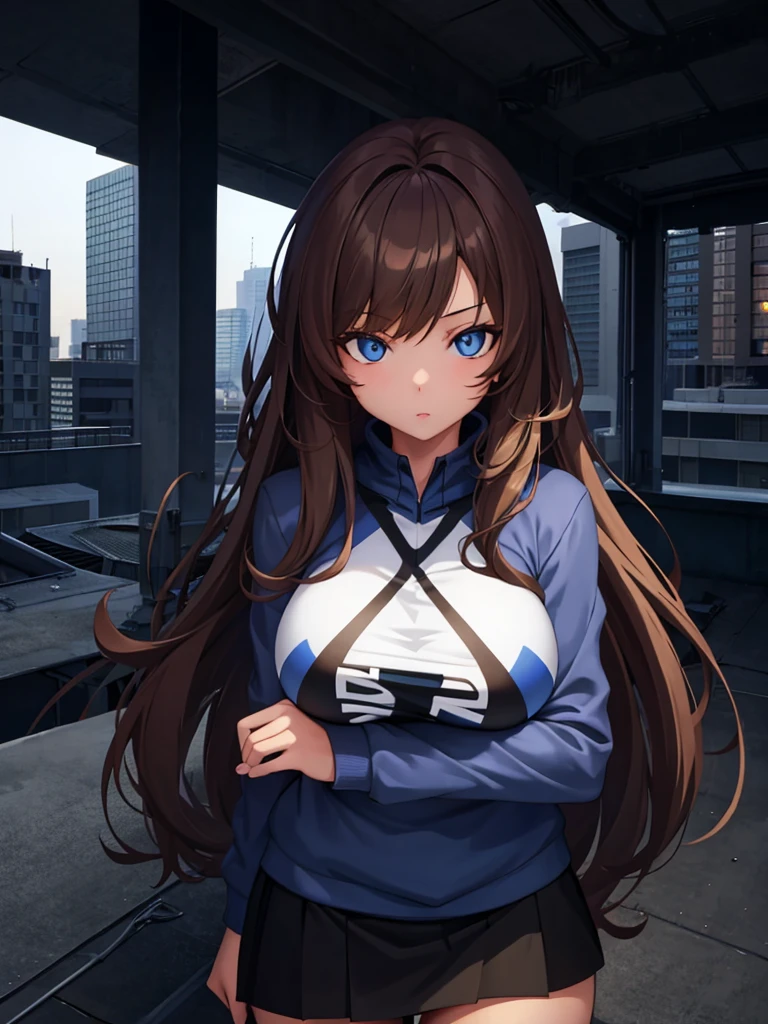 one girl, Brown-haired, Blue-eyed, fair-skinned and beautiful girl, Wearing hoodie, wear a skirt, big breast, the rooftop background of the Abandoned building, height of the girl 160 Cm, Anime face, high detailed, detailed eye , ??? , sexy ,