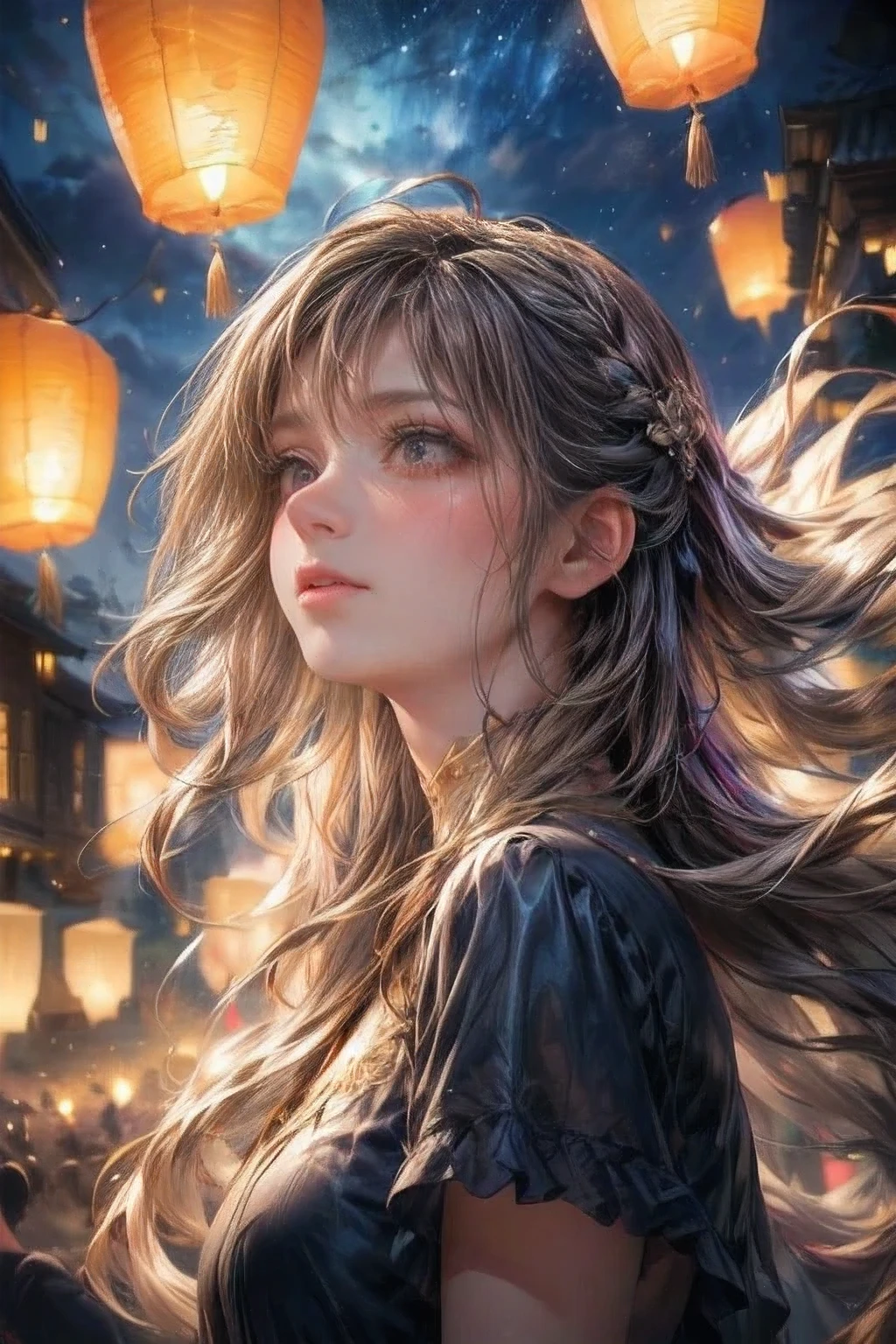 masterpiece:1.2, highest quality, 8k, highres, ultra-detailed, ultra-realistic, photo-realistic:1.37, beautiful cute girl looking up at the night sky, sky-lantern festival, Sky-lanterns, a fantastic sight where countless sky-lanterns decorate the night sky, dark moody atmosphere, night sky, dark tones, floating sky-lanterns, soft lighting, serene, atmospheric, whimsical, dreamlike, magical realism, long flowing hair, through bangs, Beautiful attention to detail, Beautiful lip detail, Highly detailed face, detailed facial features, long eyelash, shining eyes, cute girl