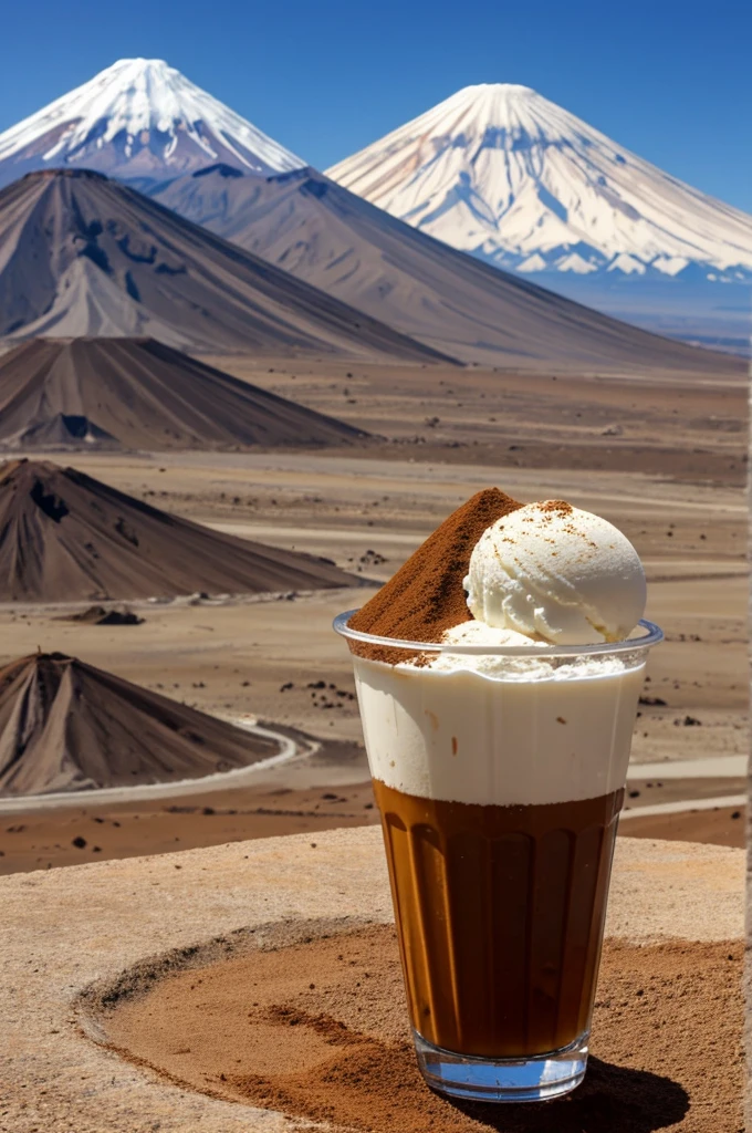 A balco ice cream with cinnamon in a disposable glass in the background of the Misti volcano in Arequipa