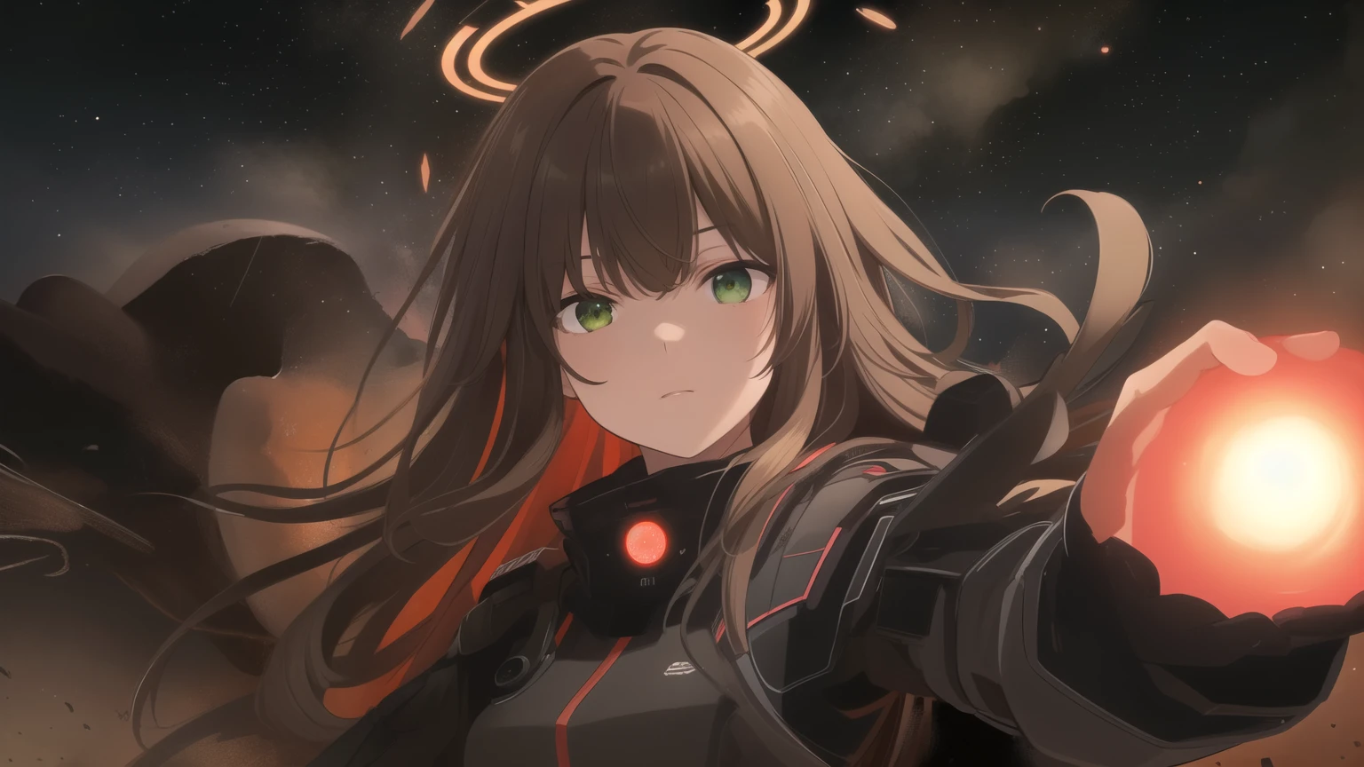best quality, masterpiece, mizuguchi_miki, light brown hair, long hair, black halo, green eyes, looking at viewer, black hole, background dark space, ominous red and black energy, dead robots, floating