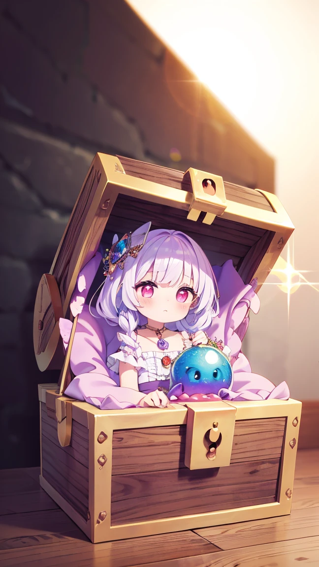 (Monster disguised as a treasure chest), (Cute Monster), mimic, wonderful, dream-like, Soft Focus, Rainbow Light, Glowing Scales, pastel colour, Sparkling, attractive, wonderful, Beautiful horror,