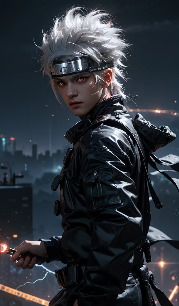 (dramatic, gritty, intense:1.4),masterpiece, best quality, 8k, insane details, intricate details, hyperdetailed, hyper quality, high detail, ultra detailed, Masterpiece,upper body, close-up,(imid shot,macro shot:1.25),(red eyes:1.5),(white hair:1.2),1boy,
Kakashi Hatake in Naruto, holographic reality, holographic halo, motion blur, game light effect, rim light, soft light, movie rim light, delicate light, cyberpunk style, oil painting texture, full length shot, 3D artist, detailed, futuristic, lightning,