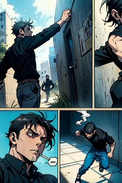 Guy with short black hair smoking and punching a wall, manga page with panels and dialogue