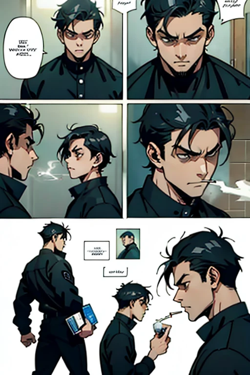  Guy with short black hair smoking and punching a wall, manga page with panels and dialogue    