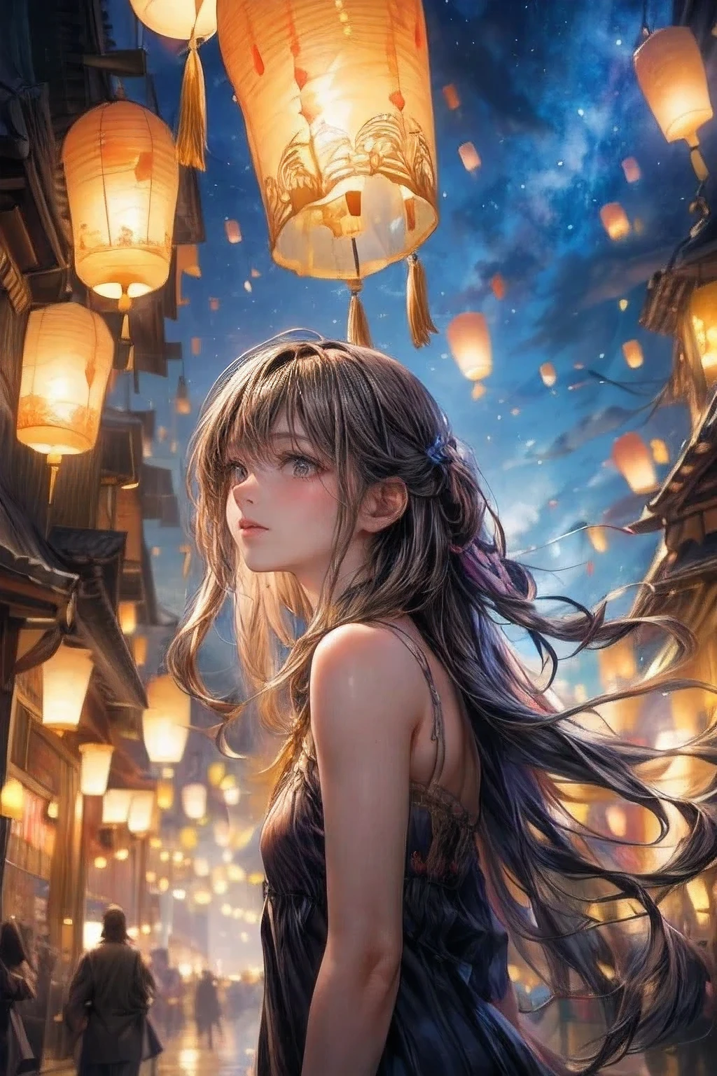 masterpiece:1.2, highest quality, 8k, highres, ultra-detailed, ultra-realistic, photo-realistic:1.37, beautiful cute girl looking up at the night sky, sky-lantern festival, Sky-lanterns, a fantastic sight where countless sky-lanterns decorate the night sky, dark moody atmosphere, night sky, dark tones, floating sky-lanterns, soft lighting, serene, atmospheric, whimsical, dreamlike, magical realism, long flowing hair, through bangs, Beautiful attention to detail, Beautiful lip detail, Highly detailed face, detailed facial features, long eyelash, shining eyes, cute girl