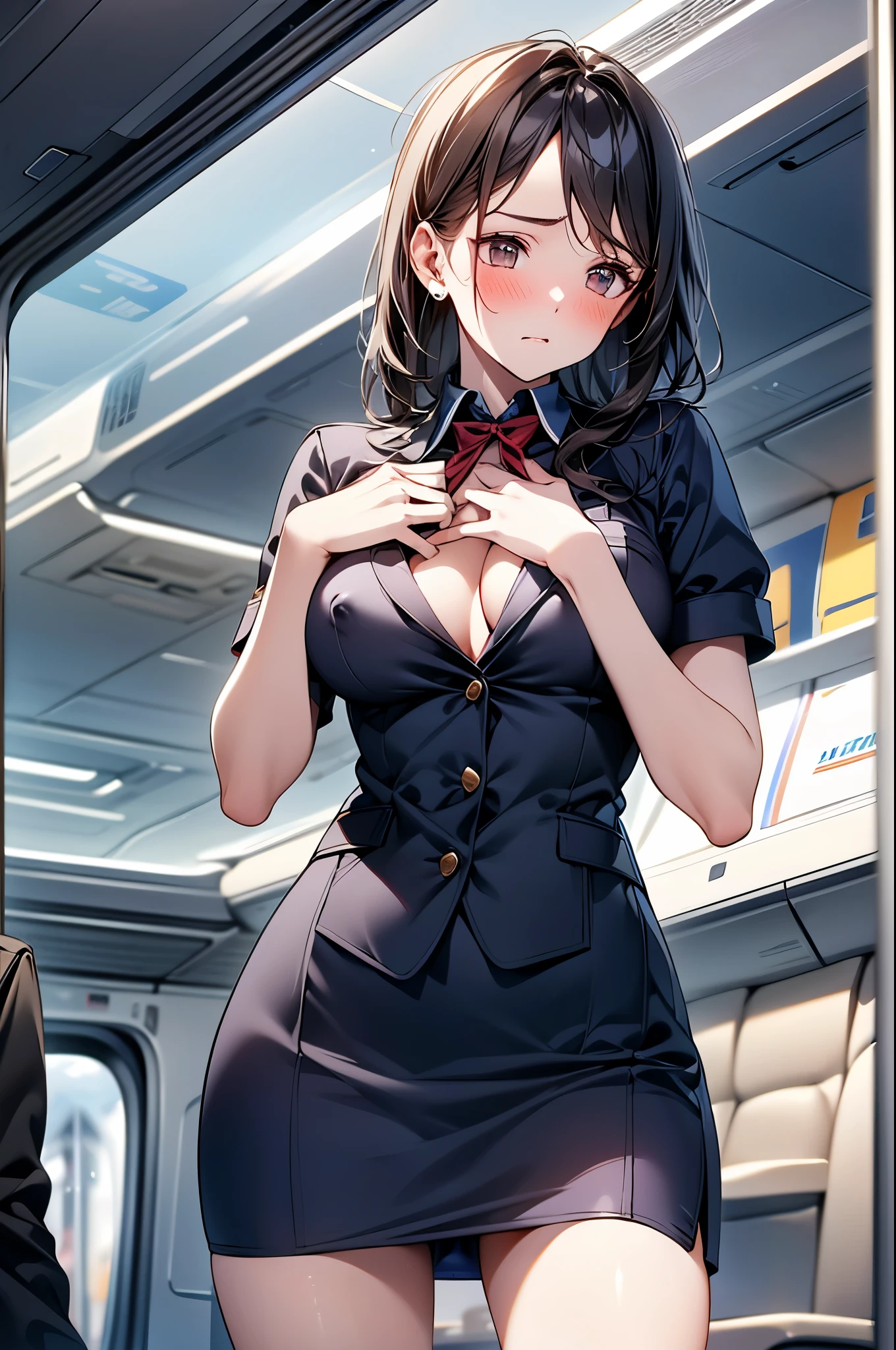 (1 person、alone), Beautiful woman, Anatomically perfect body, thin、(stewardess、Cabin attendant), (Looking down:1.2), (Pussy juice:1.1)、(Hold my chest:1.2)、20-year-old、(Highest quality)、Black Hair, (Half Up), On the plane、(8K, High resolution)、(shy:1.4)、Center of chest, (vapor:1.1), (Embarrassing:1.3), Erect nipples polygon