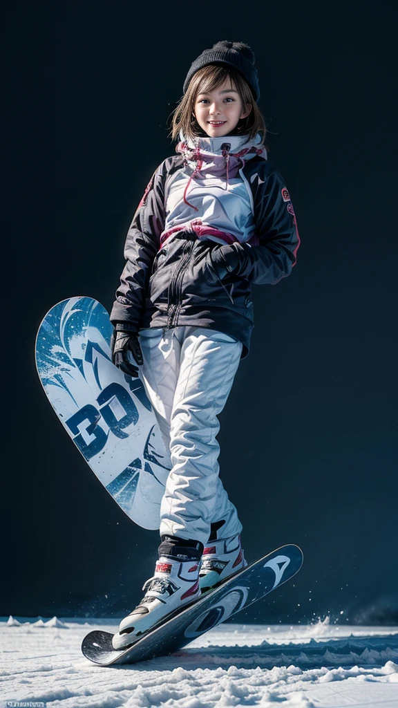 ((Girl snowboarding on the slope, Professional snowboarder, Jump with perfect form)), (beautiful girl, Cute face), Perfect Style, ((Detailed eyes and face, Professional photography techniques, Cinema Lighting)), Detailed hands, (Highest quality, 8K, masterpiece:1.2, RAW Photos), (Reality:1.4), View the viewer, Short Hair, ((Great snowboard wear:1.2)), (Cute Smile)