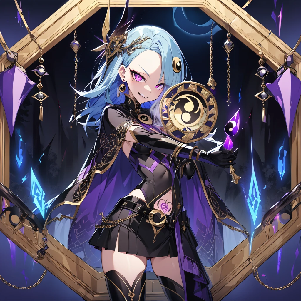  nsfw, penis, cum, satou kuuki, Embracing dark aura, pubic tattoo, glowing tattoo, 1girl, thigh high boots, medium hair, Feeling magical energy, octagonal yin yang mirror, cape, forehead accessory, runes, evil smile, stand-up collar, black body suit, at midnight, Holding a symbol of faith, purple eye, sky blue hair, gold decoration, evil eye decoration, moon, earring, chains, belt, yin yang, skirt, beautiful art, high res, perfect face, detailed outfit