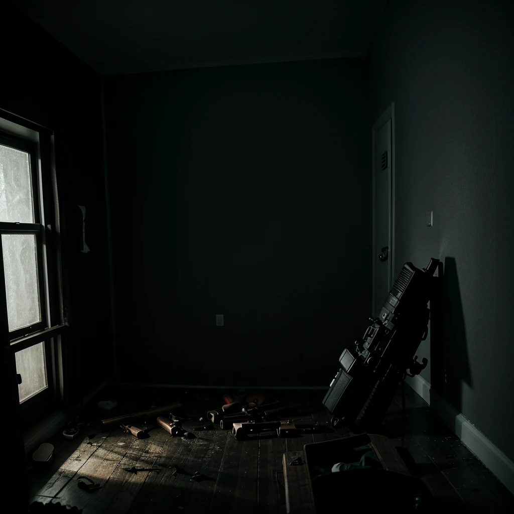 Murderer with gun sleeps in a dark room.
